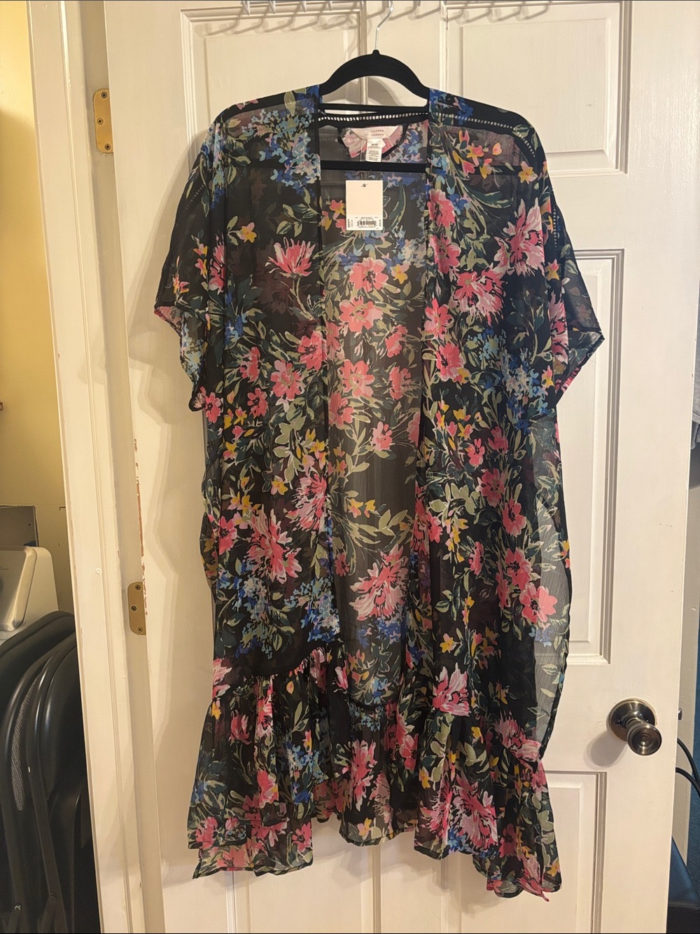 LC Lauren Conrad Black Sheer Floral Midi Kimono